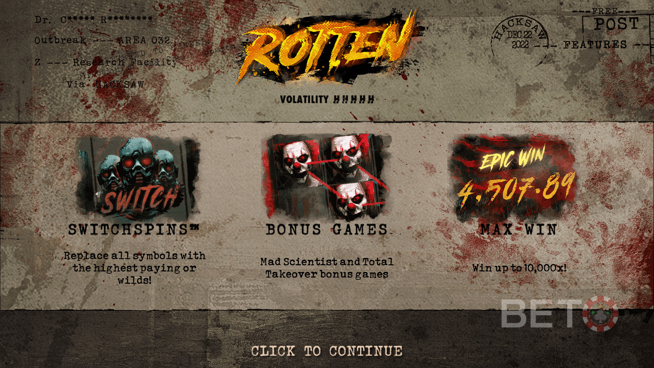 Απολαύστε SwitchSpins, δωρεάν περιστροφές και πολλά άλλα στον κουλοχέρη Rotten από την Hacksaw Gaming