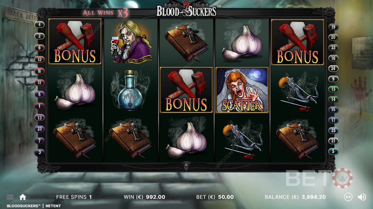 3 σύμβολα μπόνους στις σωστές θέσεις ενεργοποιούν το παιχνίδι μπόνους στον κουλοχέρη Blood Suckers.