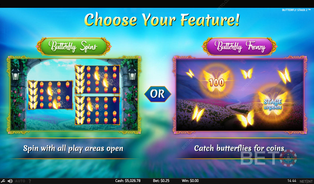 Επιλέξτε ανάμεσα σε δύο εκπληκτικά παιχνίδια χαρακτηριστικών - περιστροφή ή πιάσε πεταλούδες