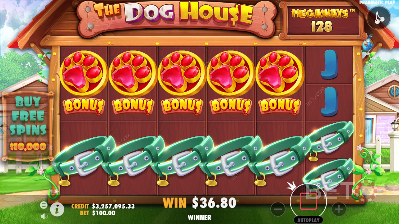 Μια λεπτομερής διεπαφή παιχνιδιού των κουλοχέρηδων καζίνο The Dog House Megaways