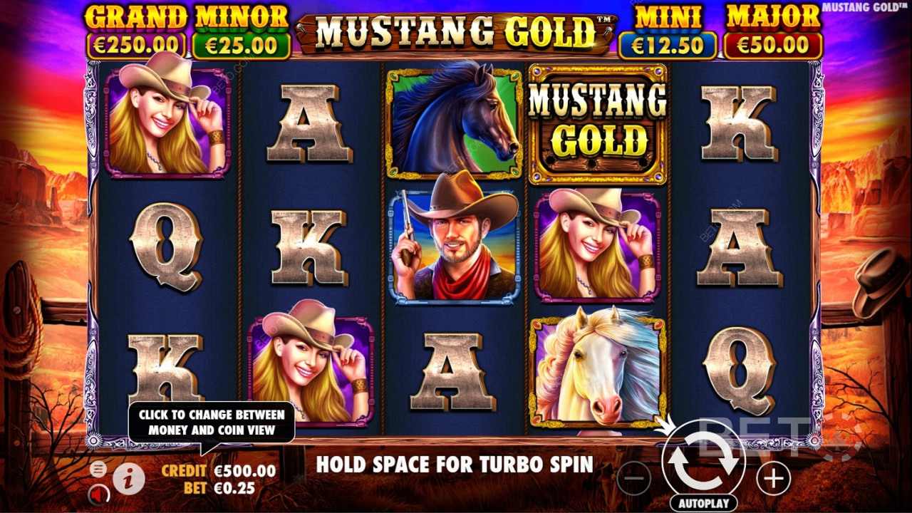 Το σύμβολο Wild είναι το λογότυπο του παιχνιδιού στον online κουλοχέρη Mustang Gold.