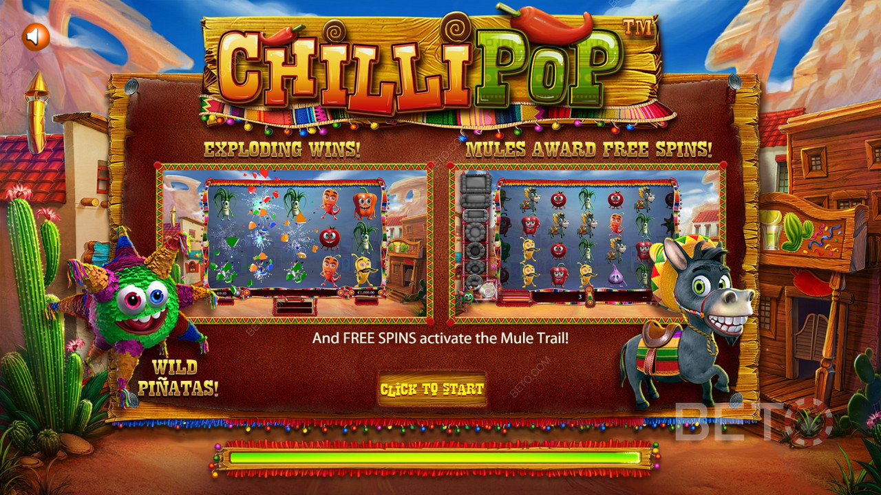Οθόνη εισαγωγής του μεξικάνικου θεματικού παιχνιδιού ChilliPop slot