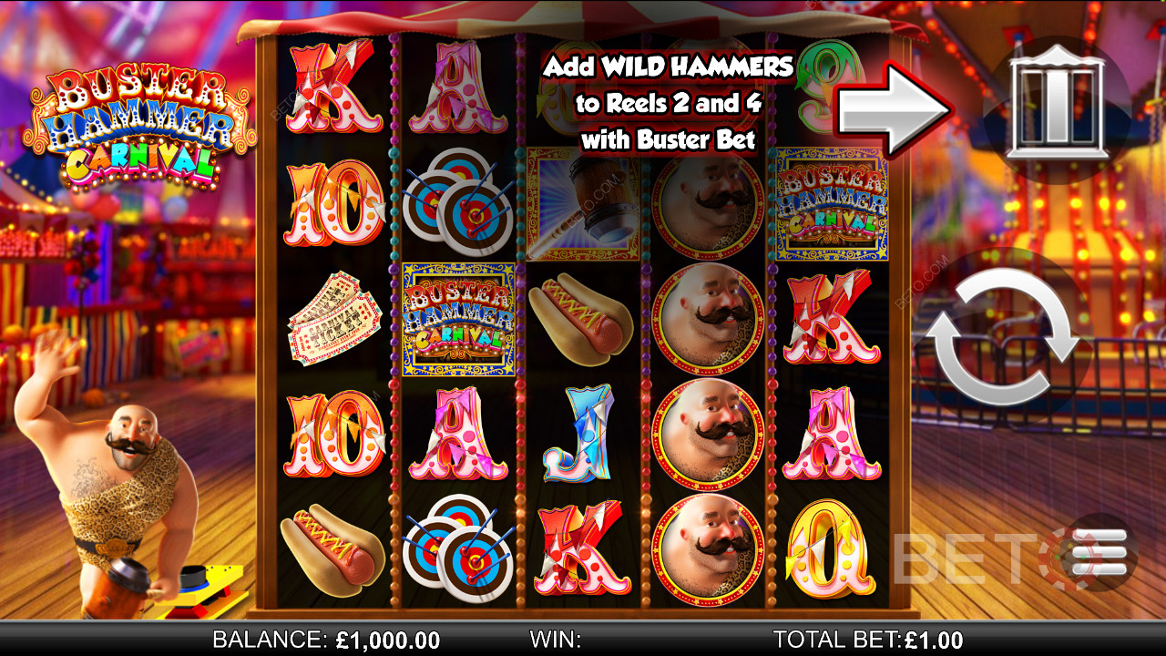 Buster Hammer Carnival - ζήστε τις Mighty Free Spins και τη λειτουργία Gold Wild Hammer - μια υποδοχή από το Reel Play