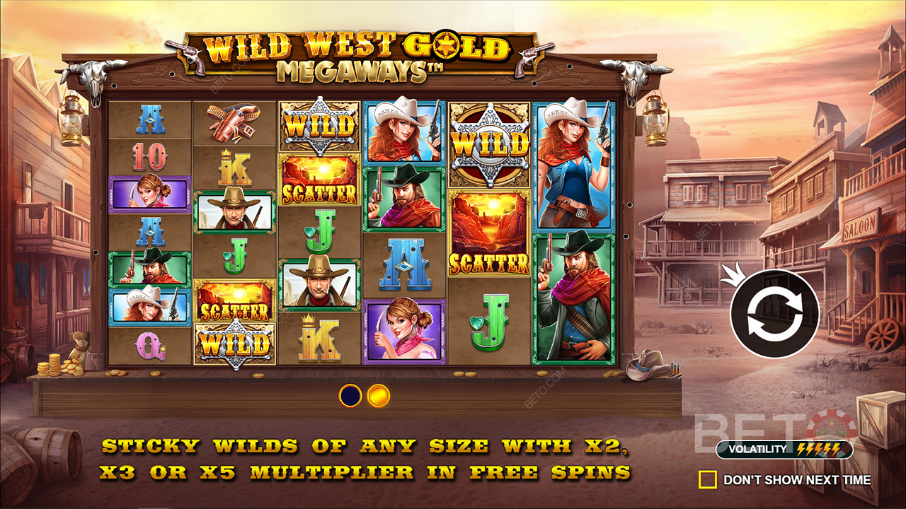 Sticky Wilds με πολλαπλασιαστές έως και 5x υπάρχουν στον κουλοχέρη Wild West Gold Megaways.