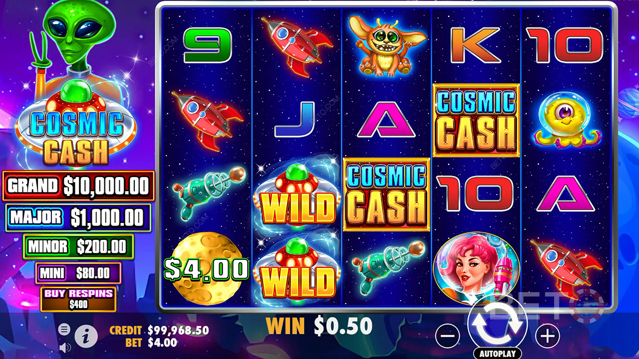Υπάρχουν πολλά σύμβολα Wild στο βασικό παιχνίδι του κουλοχέρη Cosmic Cash.
