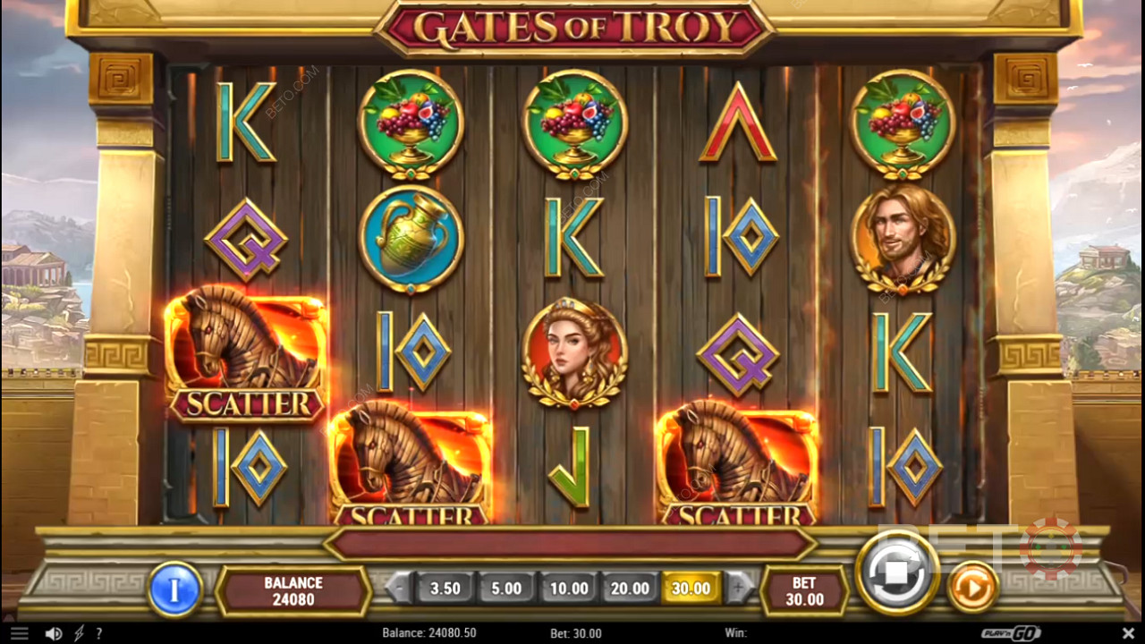 3 ή περισσότερα Scatter θα δώσουν δωρεάν περιστροφές στο παιχνίδι Gates of Troy.