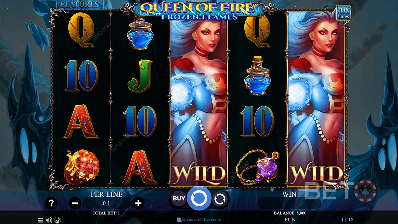 Απολαύστε επεκτεινόμενα μπαλαντέρ στο βασικό παιχνίδι του κουλοχέρη Queen of Fire - Frozen Flames